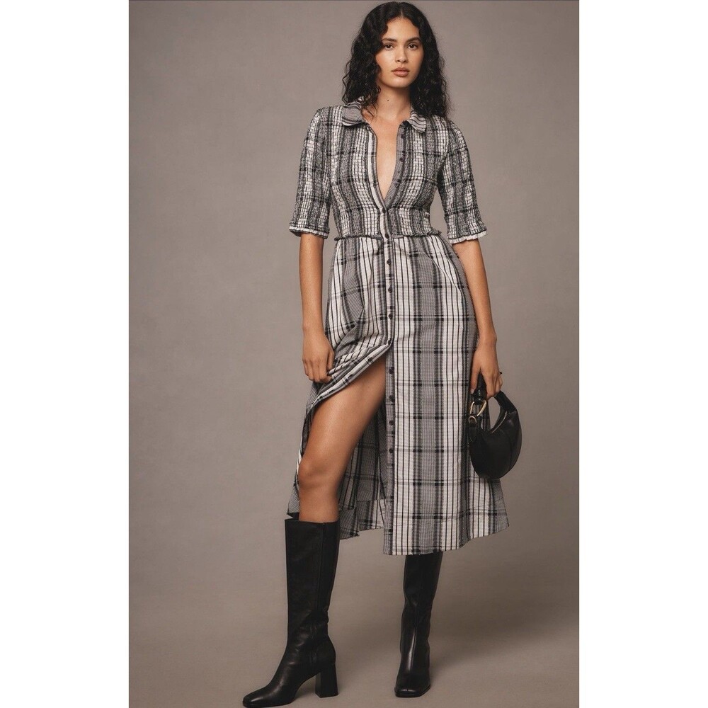 Anthropologie Maeve Midi Shirt Dress Short Sleeve Smocked Vacay Boho Medium NWT